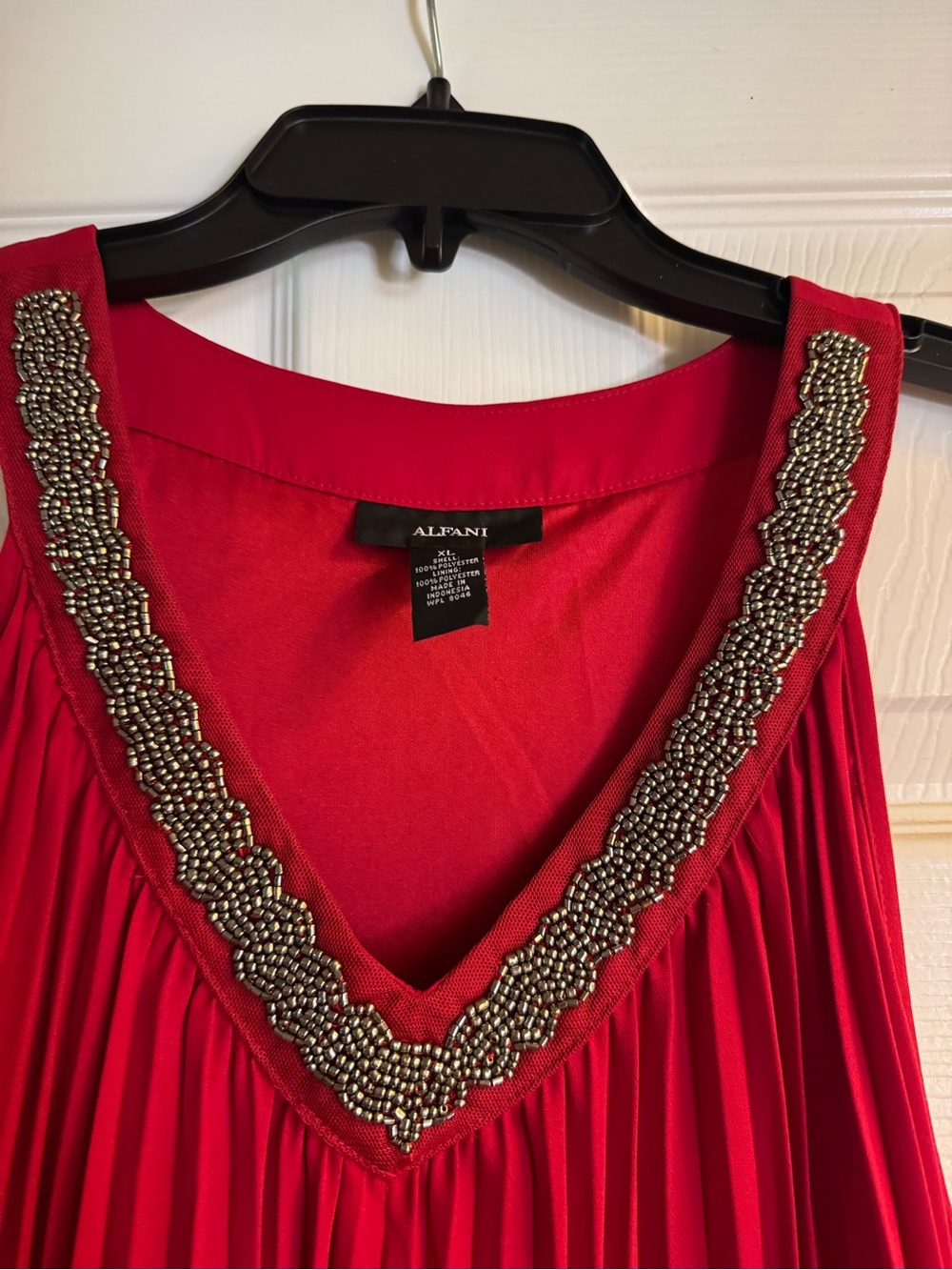 Alfani Red Pleated Sleeveless Dress with Beaded V-Neck - Picture 2 of 4